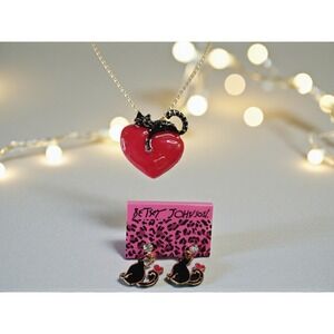 Betsey Johnson Black Cat Red Heart Necklace & Matching Earrings Set